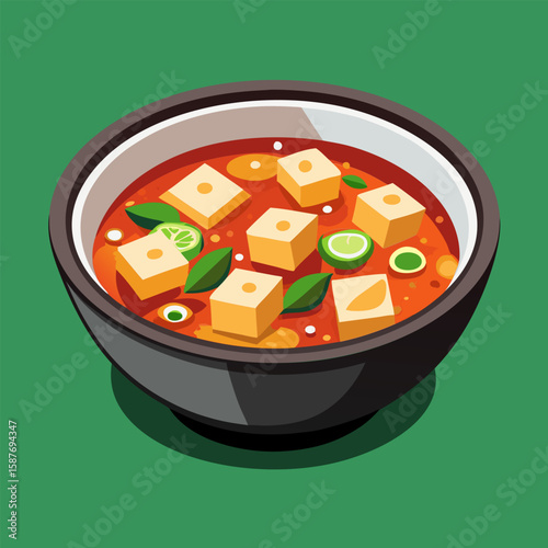 Tofu soup in a dark bowl. featuring colorful diced tofu in a red orange broth with lime and herbs.