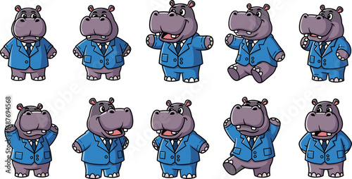 Cartoon hippos wearing suits in various poses, expressions, and actions.