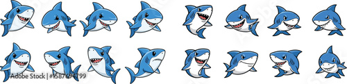 Collection of cartoon blue sharks in various playful poses and expressions.