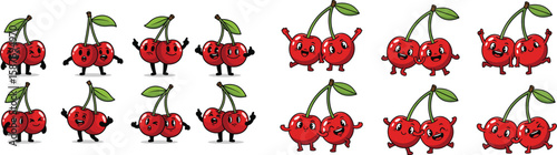 Cartoon cherry characters with different emotions and poses isolated set.