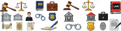 Law and justice cartoon icon set features gavel, judge, handcuffs, courthouse and contracts.