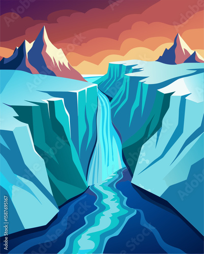 Icy waterfall cascading through a mountain gorge at sunset. Colorful landscape view with dramatic cliffs and flowing water. Scenic vista of a remote glacier region