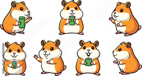 Cartoon hamsters in various poses holding green cans, waving and smiling isolated set