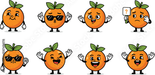 Cartoon orange mascot characters set with various emotions and expressions.