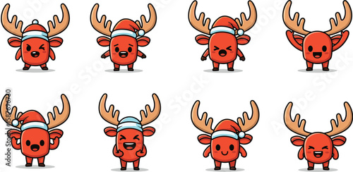 Vector set of cute red reindeer character with various emotions wearing christmas hat isolated on white background.