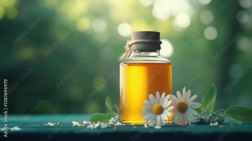 Glass bottle with golden liquid and chamomile flowers on table with green blurred background evoking calm natural wellness spa herbal nature essential oil bottle with peaceful atmosphere
