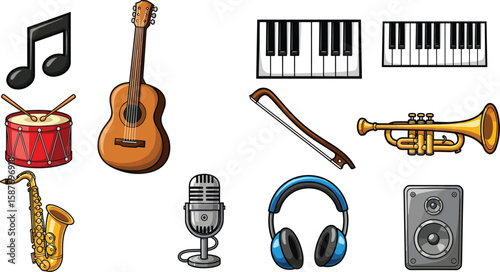 Cartoon musical instruments and accessories including guitar, trumpet, drums, piano, and microphone