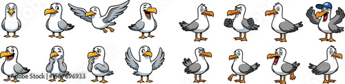 Cartoon seagulls collection, different poses and expressions, vector illustration set