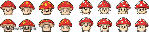 Cartoon mushroom character set with red cap and dots, variety of emotions and expressions