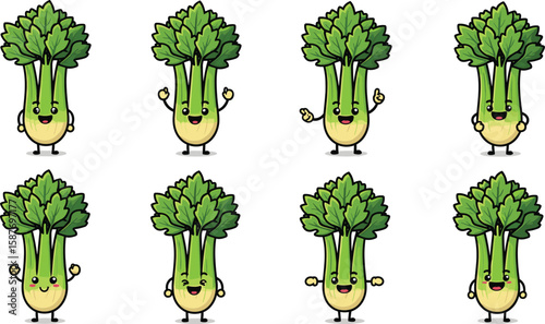 Set of eight cartoon celery stalks with various happy expressions and poses on a white background.