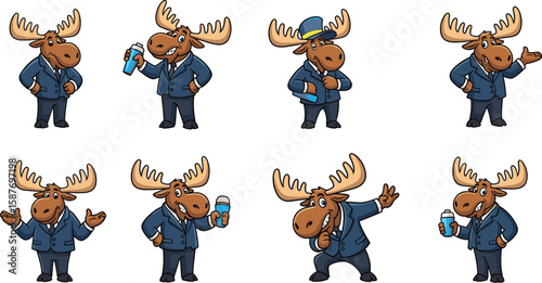 Moose cartoon character in business suit, variety of poses