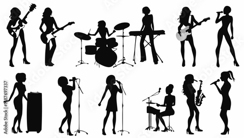Silhouette illustration of a band performing with various instruments including guitar drums and keyboard