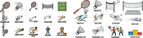 Badminton icons vector set with racket, shuttlecock, net, court and player hits for tournament play, drop shot, drive fast and smash hit