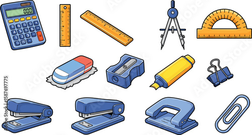 Cartoon school and office supplies set, including calculator, rulers, compass, eraser, stapler, paper clips, and hole punch.