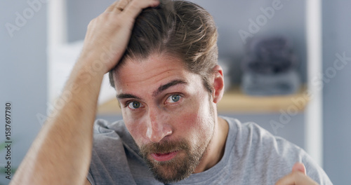 Принти на полотні Portrait, man and checking hairline, self care or concerned for hair loss in house, worry and scalp