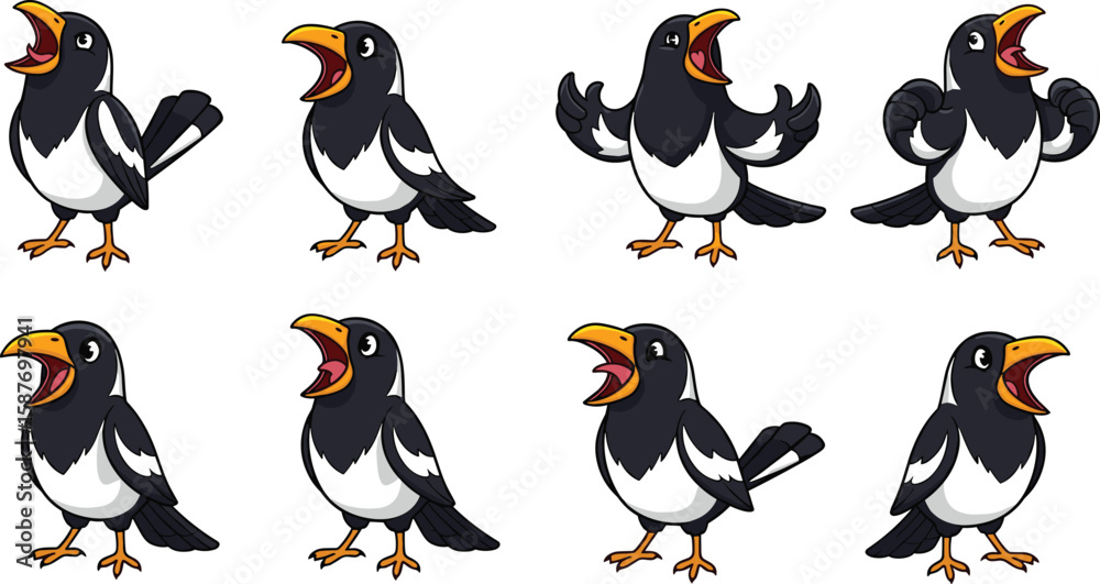 Naklejka premium Set of cartoon magpie birds in various poses, wings raised and mouths open.