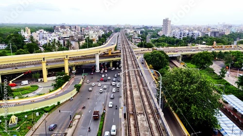 Drone Shot Modern Cityscape have Tracks Towers Plus Transit