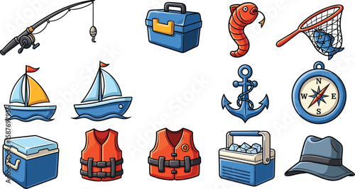 Cartoon illustration of various fishing equipment and boat accessories.