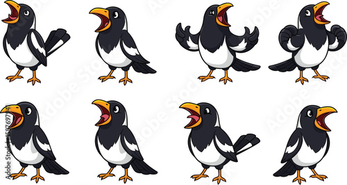 Set of cartoon magpie birds in various poses, wings raised and mouths open.