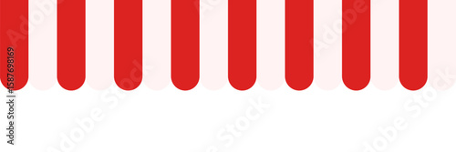 Seamless awning tent header in french style. Red and white striped shop awning. Market canopy tent. Sun shade roof. Cafe awning. Shop striped canopy. Kiosk window border. 