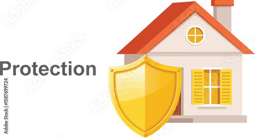 Illustration of a house with a red roof and a golden shield in front of the house