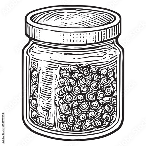 Vintage Caviar Jar Illustration - Black and White Gourmet Food Art for Kitchen Decor