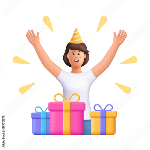 Young smiling woman Jane wearing a party hat with raised arms, celebrating with colorful gift boxes. Holiday, birthday, and celebration concept. 3d vector people character. Cartoon minimal style.