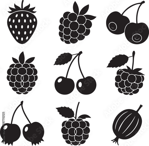 Black fruit silhouettes strawberry raspberry cherry gooseberry