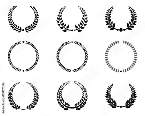 circular foliate laurels branches. Laurel wreath. Silhouette vintage laurel wreaths set collection pack black icon silhouette vector flat illustration design on white background
