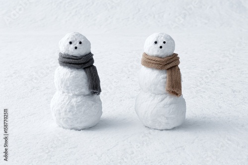 Two cheerful snowmen dressed in cozy scarves stand together in s