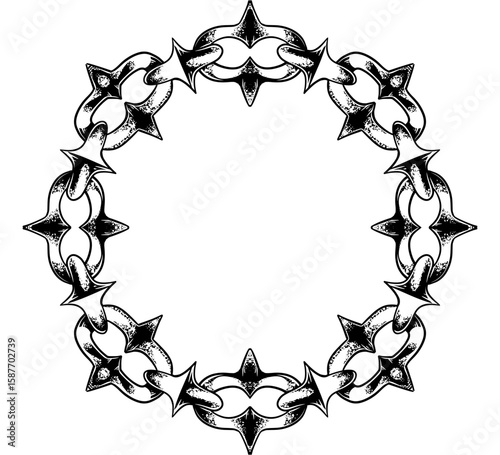 Circular crown of thorns illustration, gothic tattoo style, black and white vector art for religious or decorative design.