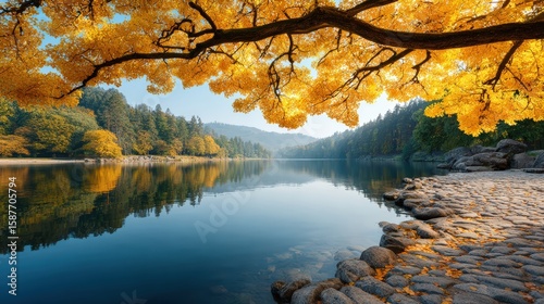 Serene Morning Reflection in a Mountain Lake Surrounded by Forests