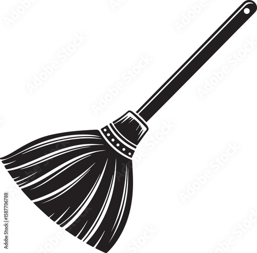 Black broom cleaning tool with bristles and handle kitchen household