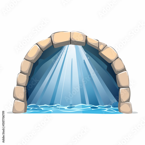 Entrance of underwater cave with rock formation and filtered light, stylized as clean vector linework.