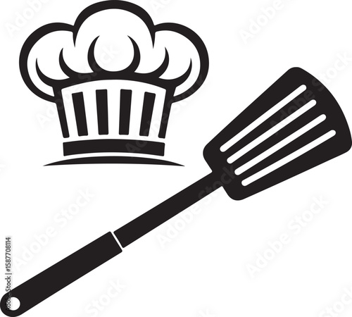Black chef hat and spatula vector icon cooking kitchen