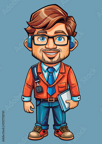 Smiling male cartoon character in business casual attire holding a folder. Young professional standing confidently against a neutral background. Urban setting.