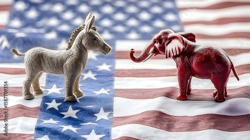 Blue donkey and red elephant cute toy mascots on US flag background, democrat and republican american political parties, 2024 US presidential election