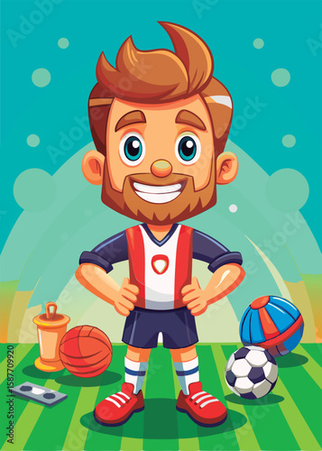 A cartoon male athlete with a light brown beard and short brown hair. wearing a white. red. and navy blue sports uniform. standing confidently with hands on hips on a grassy field.