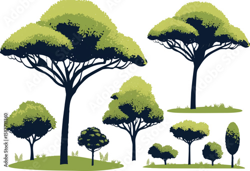 Vector illustration of four cartoon trees in a natural landscape with grass hills and clear sky