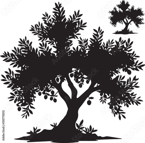 Black tree silhouette vector illustration with seasonal nature elements