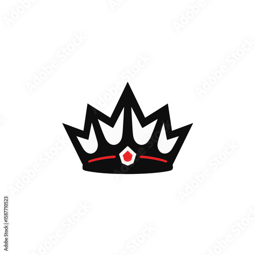 Minimalist black crown with red accents on white background, royalty