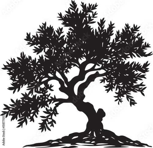 Tree silhouette vector illustration in black artistic style with seasonal nature elements