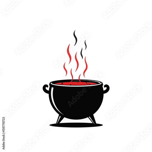 Stylish cauldron emitting steam on white background, minimalist design