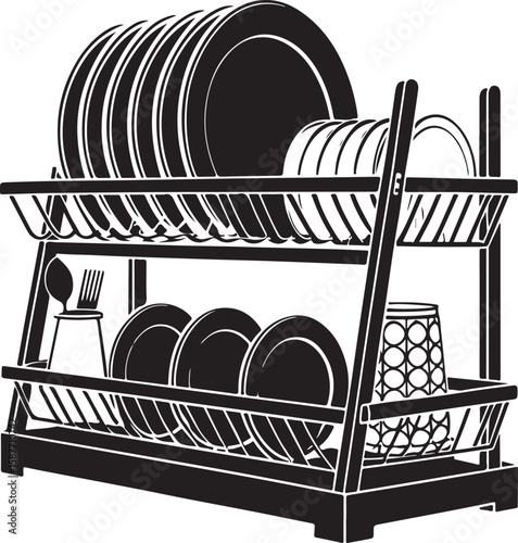 Black dish rack with stacked plates and cutlery bowls cups