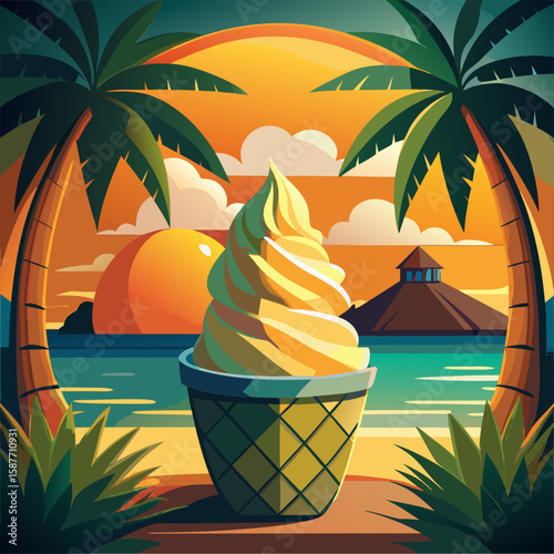 Beach sunset scene with a scoop of yellow ice cream in a waffle cone. Relaxing tropical setting with a stylized beach scene at sunset. Vacation destination poster