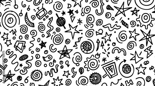 Doodle Mania Seamless Pattern of Hand-Drawn Elements in Black and White for Creative Projects