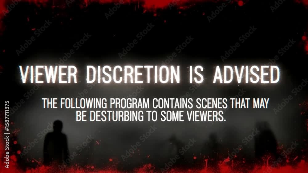 Animated viewer discretion warning graphic with glowing text and shadowy figures in dark atmosphere