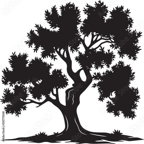 Tree silhouette vector illustration with branches and leaves in black art style