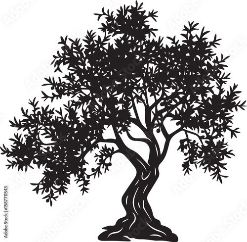 Black and white tree silhouette vector with branches leaves and floral design elements in nature style