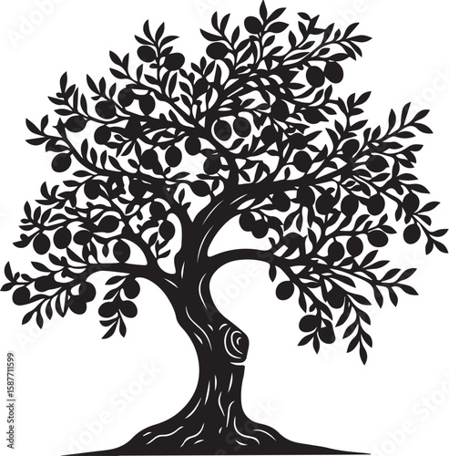 Tree silhouette vector with roots showing natural branches leaves and trunk in black and white design